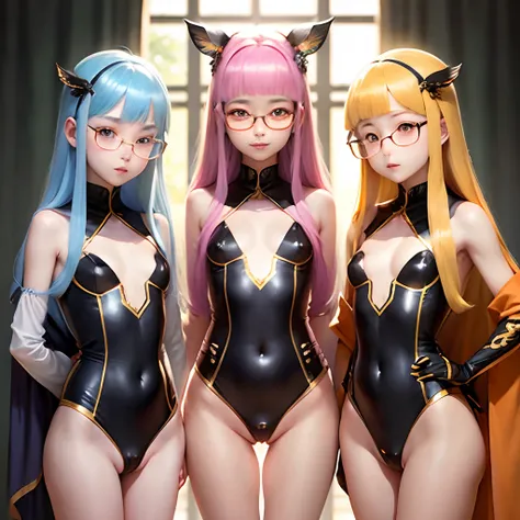 Transparent hair、hime-cut、Golden Eyes、eye glasses、ssmile、Sisters in their early teens、flat chest、Thin pubic hair、Beautiful open legs、Jersey