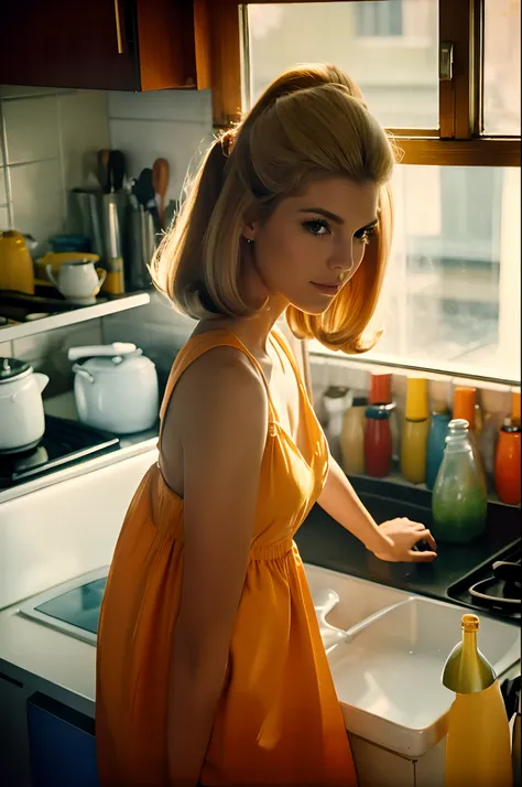 Low angle shot, an athletic honey blonde, wearing a vintage 1960s dress, SixtiesHighFashion, 1960s hairstyle, medium breasts, not exposed, in kitchen, food pots on a stove in a sunny ((1960s kitchen)), looking away from viewer, beautiful view out the windo...