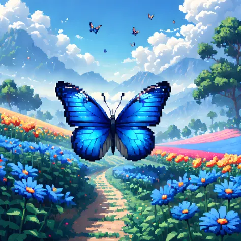 (butterfly:1.5),(landscape:1.5), (Pixel art:1.5), (pixel theme:1.5), (fantasy:1.5), (beautiful scenery:1.5),(landscapes:1.5),(colorful butterfly:1.5),(heaven:1.5),(beautiful flower field:1.5),(fantasy world:1.5),(Spiritual world:1.5),(scenic:1.5),(large am...