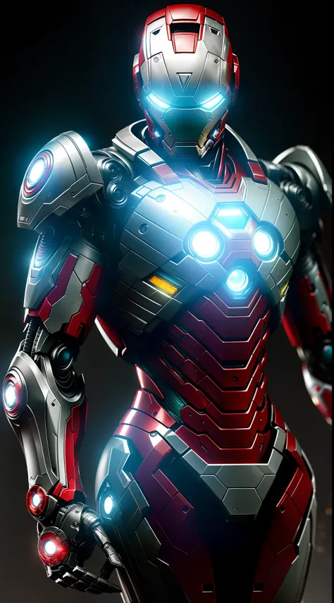 ironman da marvel, armadura branca, Biomechanicals, complex robot, crescimento completo, hiper-realista, pequenos detalhes insanos, linhas extremamente limpas, aesthetic cyberpunk, obra-prima apresentada no Zbrush Central