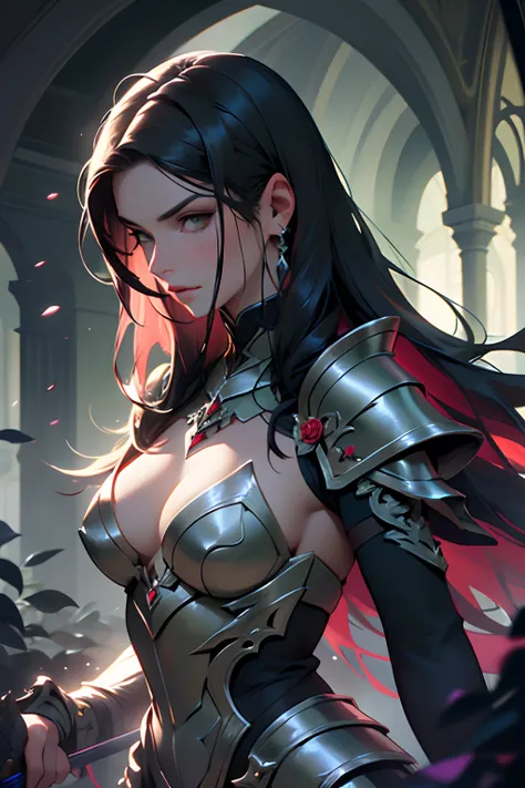 Best Quality, Masterpiece, The ultra-Highres,detailed background,realisitic,Solo,femele,mature,mature women,Dark green long hair, Straight hair, assassin,knight,rozen,Green Bull,poison(theme),dark fantasy,evil,Armor of Darkness,Depth of field, Background r...