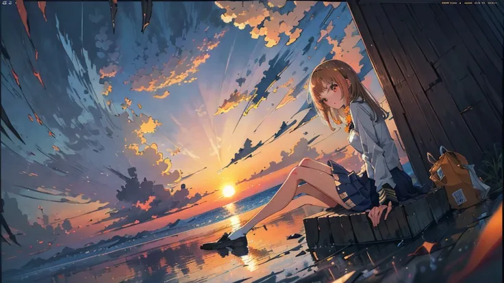 (Best Quality, High resolution, masutepiece :1.3), Pretty women, Against the background of orangey sunset sky、Clouds and sun sink into the ocean, Beautiful schoolgirl in uniform sitting. Her hair is light brown, And its medium bob style. She wears a white ...