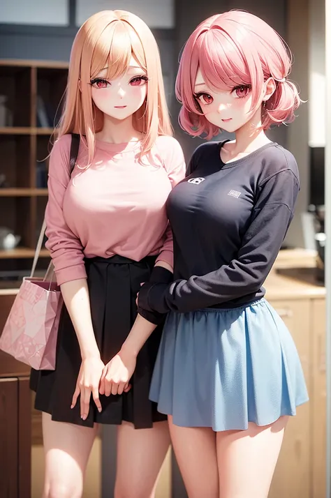 masterpiece, best quality, finely detailed, 1girlgiant, (pink hair), short wavy hair, (bishoujo), embarrassed, cute, (red eyes), (eyelashes), (average breasts), blue shirt, black very short skirt , black tights, blue sneakers, shopping