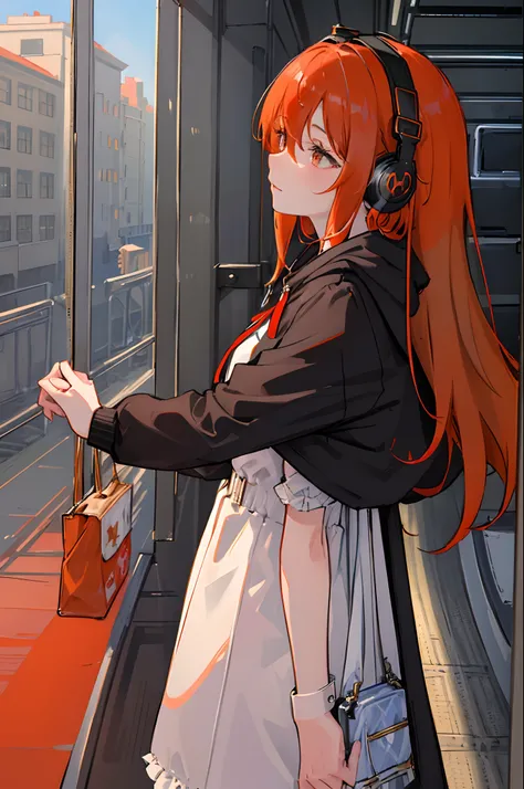 (masterpiece, sidelighting, ultra-detailed, finely detailed beautiful eyes: 1.2), 1girl, bag, building, from side, headphones, hood, hood down, hooded jacket, hoodie, jacket, long hair, orange hair, profile, red hair, solo, train, train interior, upper bod...