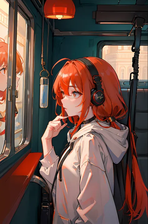 (masterpiece, sidelighting, ultra-detailed, finely detailed beautiful eyes: 1.2), 1girl, bag, building, from side, headphones, hood, hood down, hooded jacket, hoodie, jacket, long hair, orange hair, profile, red hair, solo, train, train interior, upper bod...