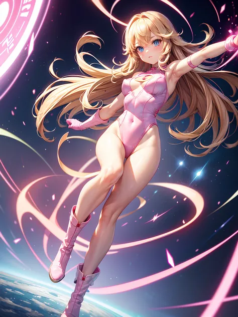 (masterpiece, best quality:1.2), 1girl, solo, leotard, bare legs, matching boots, sleeveless, looking at viewer, light particles, perfect hands, perfect eyes, perfect leotard, perfect legs, perfect arms, perfect fingers, medium breasts, ((pink leotard)), s...