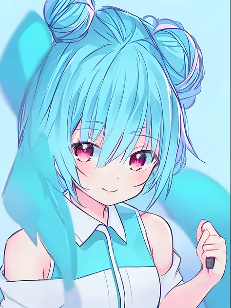 1girl, solo , ((short cyan hair, smile , more details eyes )), cyan skirt , shirt ,cyan hair ,thighhights, sleeveless shirt (hair bun) , sleeveless , pleated skirt, looking at viewer, off shoulder , cyan collared shirt , open clothes, white thighhtighs, pi...