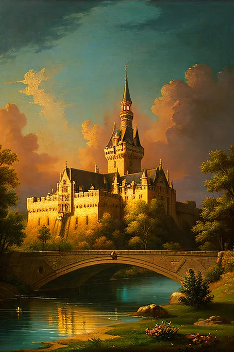 A picture of a castle in the style of a classical oil painting，Vintage architecture，The treatment of oil painting effects，A soft glow pervades，The picture is rich in detail,classical, Retro, Oil painting effect, Soft glow, detail-rich