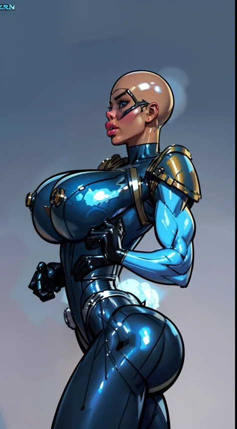 (( Aura:1.4)), 8k ((full back view:1.4)) (large eyes:1.3), defined cheekbones, looking back, ((the pit style:1.4))((sleek chrome bodysuit:1.6)) ((bodysuit:1.6)), ((visor))((intricate metal details:1.4))detailed face:1.5), lightblue skin,(puffy lips:1.5) (l...