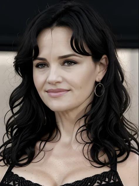 Photo of mature American woman,A MILF,Beautiful face,Curly black hair, Necklace, bedroom, gros-plan, Neutral colors, Barren land,medium size breast, natural breasts, cleavage,See-through clothing, detailed, (carla gugino), wearing black dress