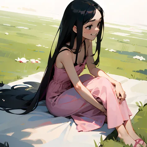 pixar girl sitting on her knees outside on a white picnic blanket. green grass surrounds her. she is turned a little bit to the left showing her side profile. she has her two hands on her lap looking to the left. she is wearing a hot pink long dress with s...