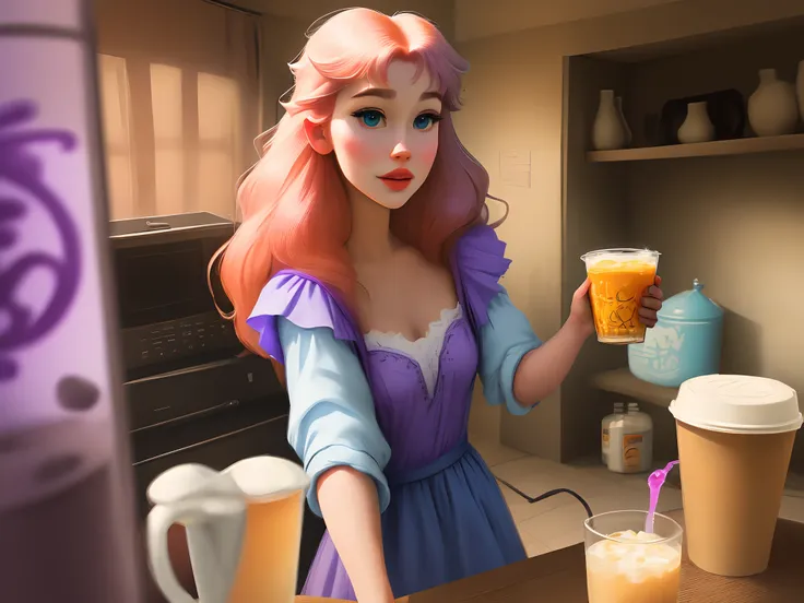 disney princess aurora, at a trap house, ghetto appearance, holding cup of purple liquid