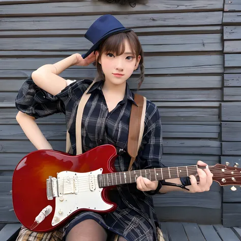 A girl dressed as a man and holding a guitar