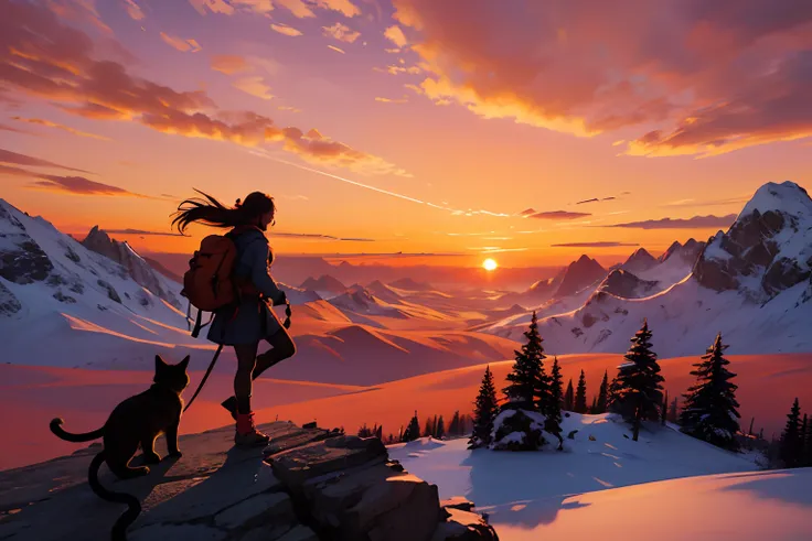 Silhouette of female mountaineer climbing a mountain with a cat, sunset in the distance, red-orange sky, 4k, 1female, 1cat