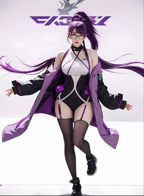 a close up of a person with a purple hair and glasses, from girls frontline, kda, ayaka genshin impact, full body xianxia, girls frontline style, official character art, fine details. girls frontline, girls frontline universe, wearing lab coat and glasses,...