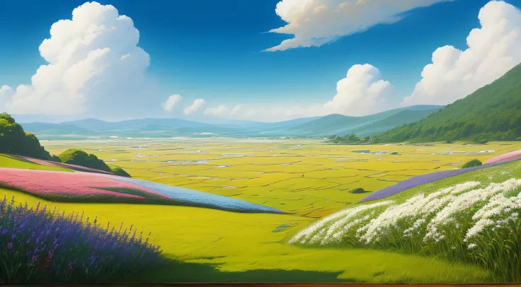 Realistic, authentic, beautiful and amazing landscape oil painting Studio Ghibli Hayao Miyazaki&#39;s petal grassland with blue sky and white clouds --v6