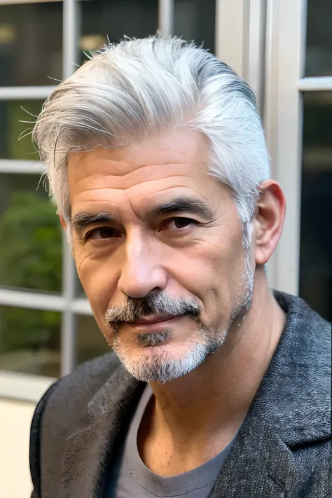 A cool uncle who works in an office with a 50-year-old man with gray hair, a thin macho and a refreshing face