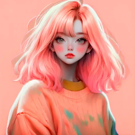 Illustrator, Anime , Realistic ,sketch , 1girl in, ,lip, Sweaters,order,peach gradient background, Neon Hair,textured crop, Canadian, (masutepiece,Best Quality)