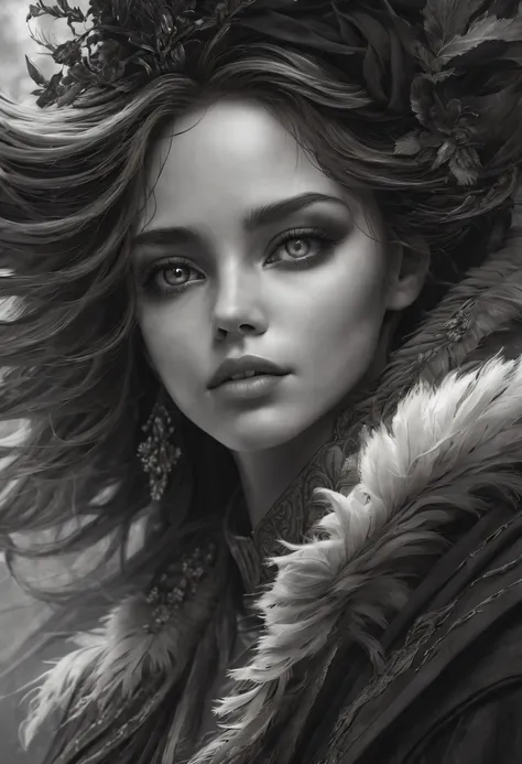 （Black and white sketch painting：1.5），(best quality,4k,8k,highres,masterpiece:1.2),ultra-detailed,realistic,imaginative and creative character sketches with unique composition perspective and lens，dreamlike,hypnotic atmosphere,beautifully detailed eyes and...