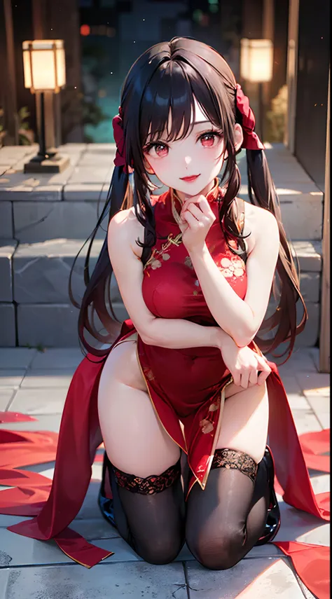 (perfect anatomy, anatomically correct, super detailed skin), 1 mature woman, solo, japanese, (detailed ultra-oily shiny skin:1.1), watching the view, (smile:1.5, happiness), 
((chinese costume metallic red wedding dress, black stockings, red lips, ), (emb...