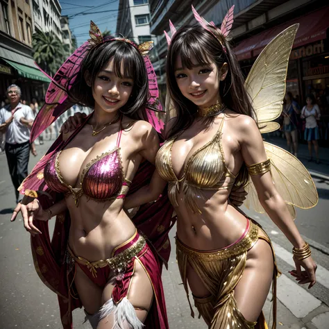 mature Dancers in samba costumes with glittering butterfly wings on the street