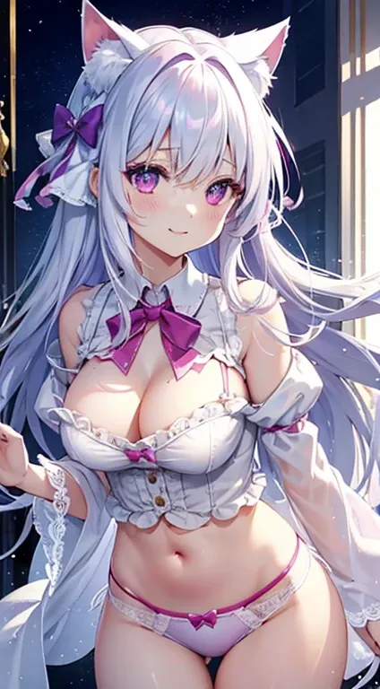 女の子1人、top-quality、masutepiece、4K、high-level image quality、white  hair、The tips of the hair are pink、Pink eyes、odd eye、Purple eyes、large and soft chest、cleavage of the breast、Blouse that looks like its going to tear、Buttons dont close、Lolita clothes、bow rib...