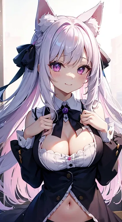 女の子1人、top-quality、masutepiece、4K、high-level image quality、white  hair、The tips of the hair are pink、Pink eyes、odd eye、Purple eyes、large and soft chest、cleavage of the breast、Blouse that looks like its going to tear、Buttons dont close、Lolita clothes、bow rib...