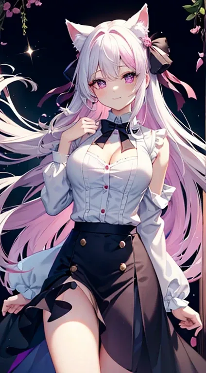 女の子1人、top-quality、masutepiece、4K、high-level image quality、white  hair、The tips of the hair are pink、Pink eyes、odd eye、Purple eyes、large and soft chest、cleavage of the breast、Blouse that looks like its going to tear、Buttons dont close、Lolita clothes、bow rib...