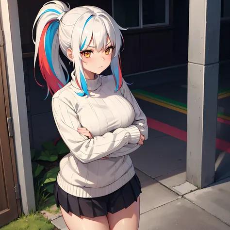 1girl, cute, tsundere, white hair with colorful rainbow streaks, classic bangs, ponytail, orange eyes, arms crossed, blushing, looking to the right side of her, tsundere pose, wearing sweater and skirt, standing outside