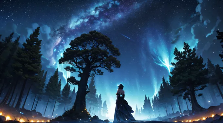 ​masterpiece、Background with((Fantastic starry sky、meteors、black hole))、Depth((Giant Tree、Fantastic、Luminescent))、Luminescent butterflies are flying、a beauty girl、onepiece、Rear view