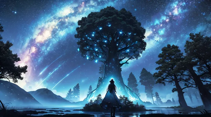 ​masterpiece、Background with((Fantastic starry sky、meteors、black hole))、Depth((Giant Tree、Fantastic、Luminescent))、Luminescent butterflies are flying、a beauty girl、onepiece、Rear view