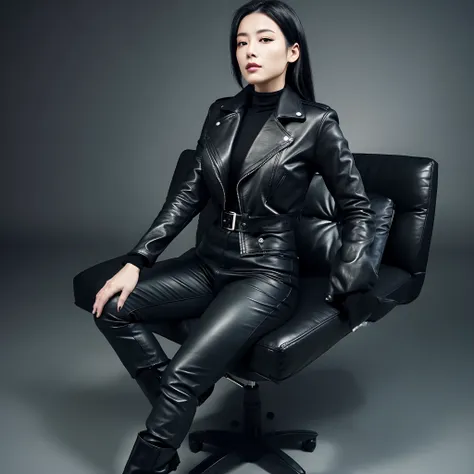 Woman in a black leather double riders jacket、Office in the Dark, With the fingertips of the black leather gloves of both hands while looking at the screen、Woman tapping keys on the keyboard of black laptop on desk、Sitting on a black leather chair、 Japan F...