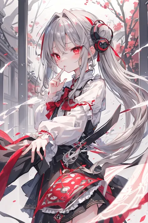 (crisp image、Hyper-Resolution、Very surprising detail、Superb Detail)、sub-surface Scattering、highest ratio of 4 fingers to 1 thumb、​masterpiece、best qualtiy、hightquality、(1girl in:1.2)、独奏、male child、Gray hair and red eyes、Vampires、indifference