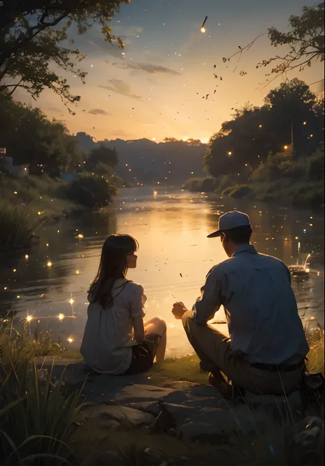 Upper body close-up image.A man and a woman are sitting next to the river. The two of them are watching the lights of fireflies dancing on the riverside.