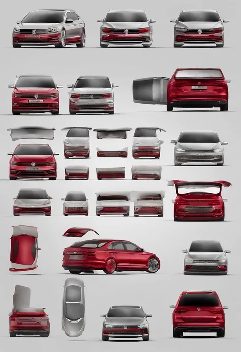 Exploded view modelled after a Volkswagen Jetta 2016 in red