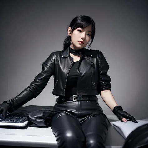 Woman in a black leather double riders jacket、Office in the Dark, With the fingertips of the black leather gloves of both hands while looking at the screen、Woman tapping keys on the keyboard of black laptop on desk、Sitting on a black leather chair、 Japan F...