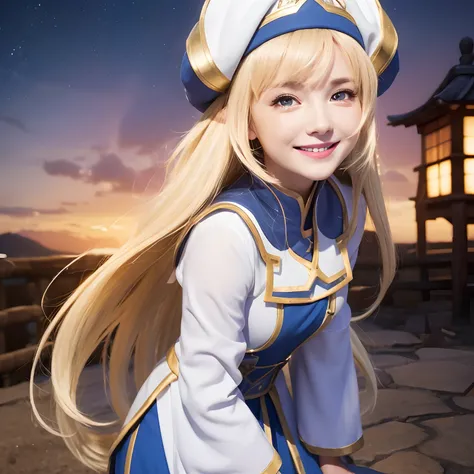 top-quality, 8K, ultra-detailliert, Photorealsitic, Beautiful face, Goblin Slayer, priestess, white and blue clothes, (1girll:1.3), White cap, (beautiful smiling face:1.3), Pretty Face, Japan Faces