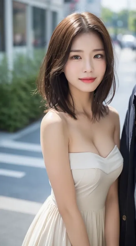 (best quality, 8k, masterpiece:1.3), sharp focus, perfect figure beauty:1.4, perky buttocks:1.2, layered haircut, beautiful breasts:1.2, wet clothes:1.1, rain, street:1.3, strapless dress:1.1, highly detailed facial and skin texture, detailed eyes, double ...