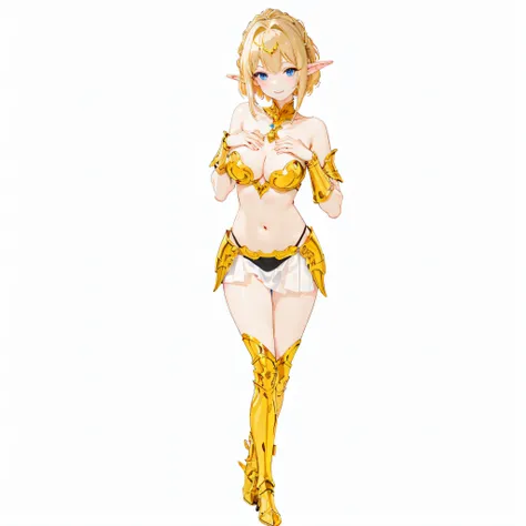 ​masterpiece、top-quality、ighly detailed、hight resolution、１６ｋ、fullnude、teats、Boob proportions、golden armour、Very thin skirt、Full body like、Very white skin、Beautiful fingers、Anime girl with very big breasts posing naked、Perfect Style、elvish、no-bra、Blonde blu...