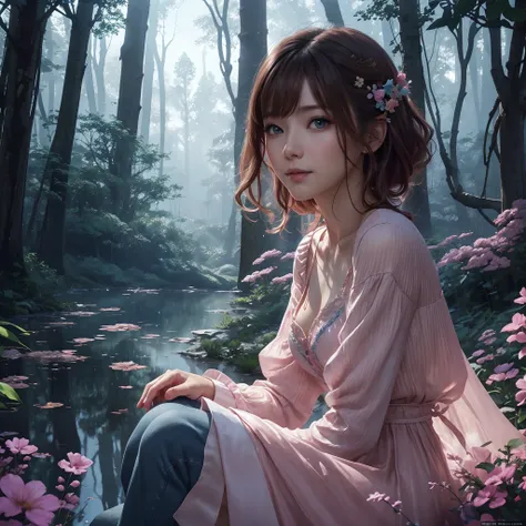 hightquality、8K Ultra HD、fullllbody、1 16-year-old female、Gentle smile、Rich facial expressions、beauty legs、Pink dress、light brown hair、Blue eyes、(There is a nice healing forest in the background)、cute little、Beautiful fece、portlate、art by:Alberto Seveso、Abs...