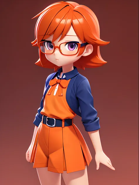 Orange background、high-level image quality、Reddish-purple eyes、 Short hairstyle、Straight short、Orange hair、Wearing glasses、Navy blue Brother uniform with orange ribbon、3D anime girl rendering、anime styled 3d、cute 3d render、 3 d render character art 8 k、Fro...