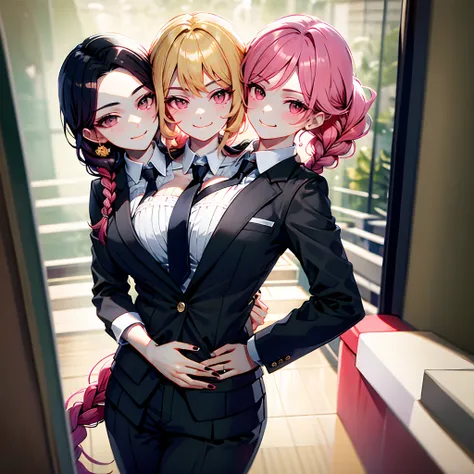 (masterpiece, best quality), best resolution, (3heads:1.5), dynamic angle, (masterpiece, best quality), best resolution, (3heads:1.5), dynamic angle, pink hair, black hair, blonde hair, black nails, smug, hand on hips, wink, braided hair, business suit, pa...