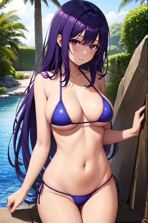 swimsuit, bikini, ultramarine hair, purple hair, beauty, cute woman, moist skin, wet skin, big breasts, sexy,