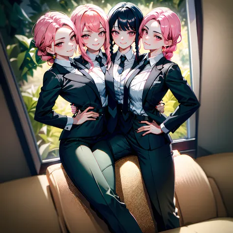 (masterpiece, best quality), best resolution, (3heads:1.5), dynamic angle, (masterpiece, best quality), best resolution, (3heads:1.5), dynamic angle, pink hair, black hair, blonde hair, black nails, smug, hand on hips, wink, braided hair, business suit, pa...