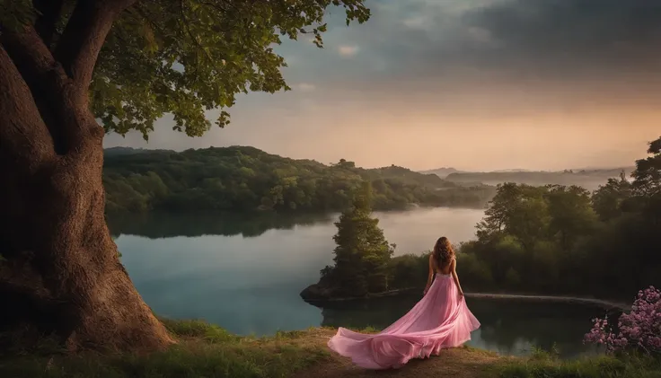 fondo detallado, excelente, 1girl, Pelo largo Pelo morado claro, cabello rizado, Pescador, Cilios, sentado, vestido blanco, Cinta rosa alrededor de la cintura, Apartamentos Pink, muslos blancos, Hermoso fondo de pantalla 8k, Al aire libre, naturaleza, tree...