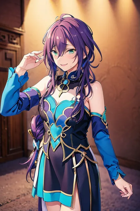 long hair, mole under mouth, purple hair, twintails, hair between eyes, ahoge, aqua eyes, cowboy shot, blush, shy, embarrassed, ...