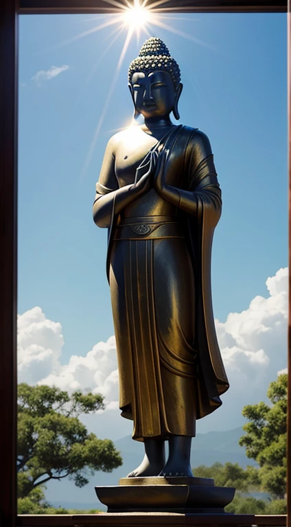 Buddha statue standing on lotus calyx beautiful sky halo dreamy fantasy