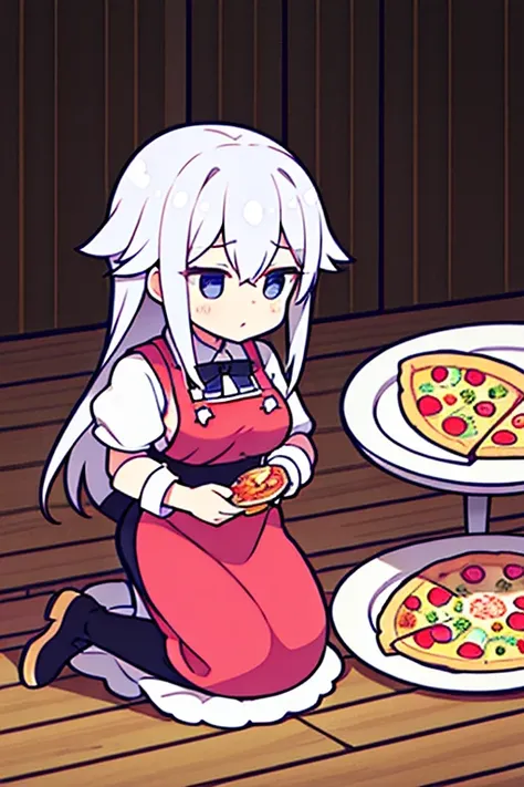 High Definition Pizza Chef Woman Silver Hair Middle Hair Tired Kneeling