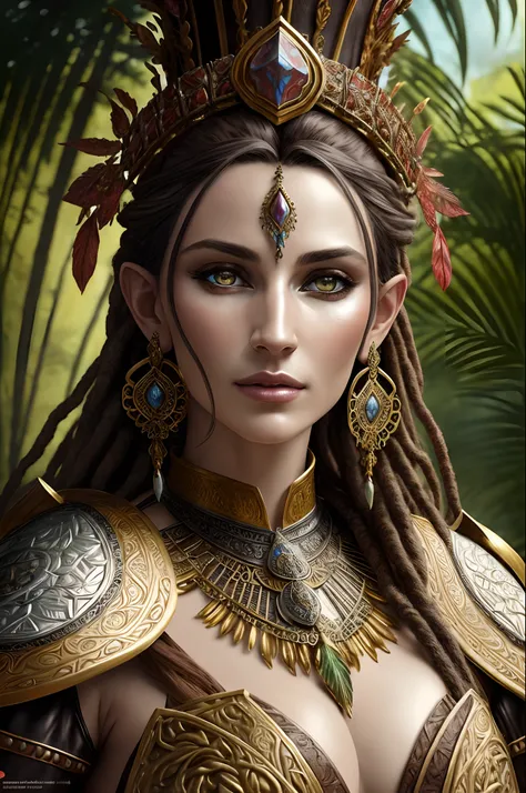 fantasy shaman, beautiful hungarian|indonesian woman, with dreadlocks, wearing ornate intricately decorated leather armor, realistic render, Dungeons and Dragons, Fantasy, octane render, zbrush. Character design, photorealistic, unreal engine, hyper-detail...