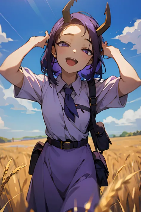 masterpiece,best quality, 1girl, teen, cute face, purple hair, horns, outdoors, open mouth, looking at viewer, on back, smile, sky, pouch, day,blue sky, solo focus, wheat, collared shirt, :d, solo, cloud